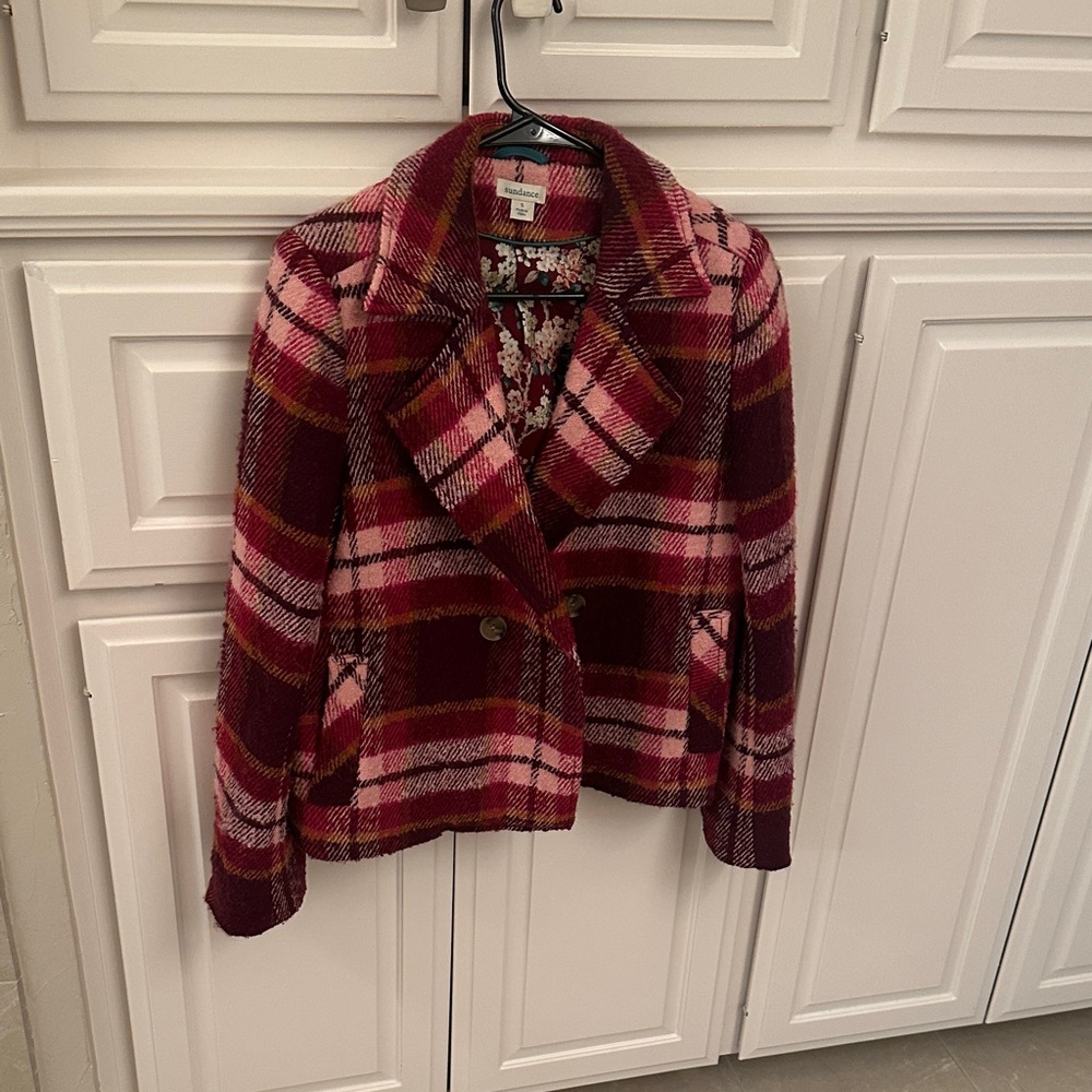 Sundance Pink and Red Plaid Pea Coat